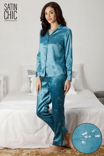 Buy Zivame Satin Chic Satin Pyjama Set Teal at Rs.758 online